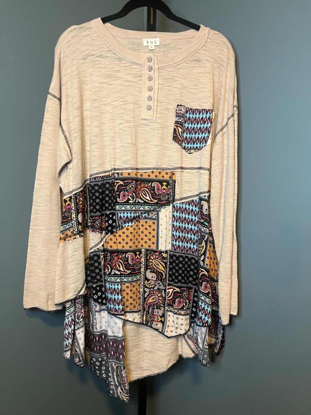 POL Cream Henley high low Tunic with Patchwork Panels